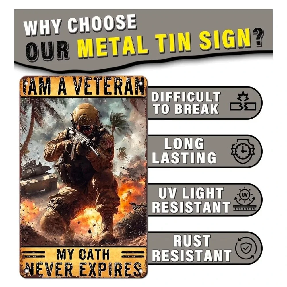PEACHGARDEN I Am A Veteran My Oath Never Expires Metal Tin Sign 8x12 Retro Decor